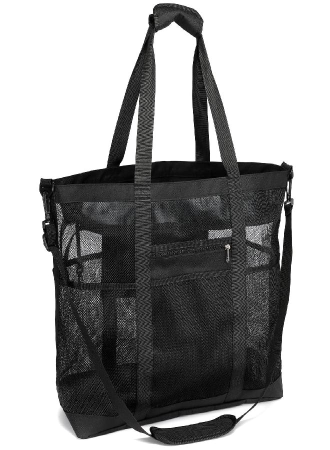 F-color Mesh Beach Bag, F-color 9 Pockets Oversized Beach Tote Bag with Zipper Pool Toy Beach Bag, Black - Image 1