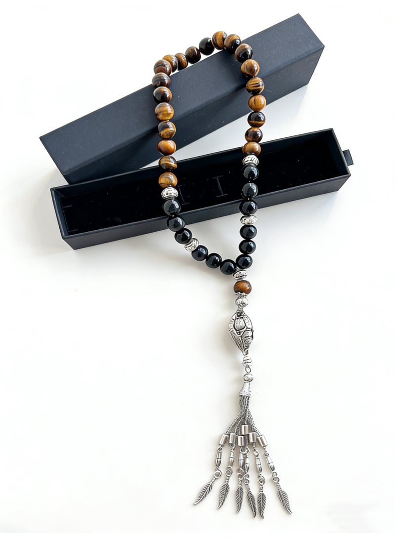 مسبحة من 33 حبة، عين النمر الطبيعية وحجر السج مع شرابات معدنية، مسبحة إسلامية مع صندوق هدايا - Image 4