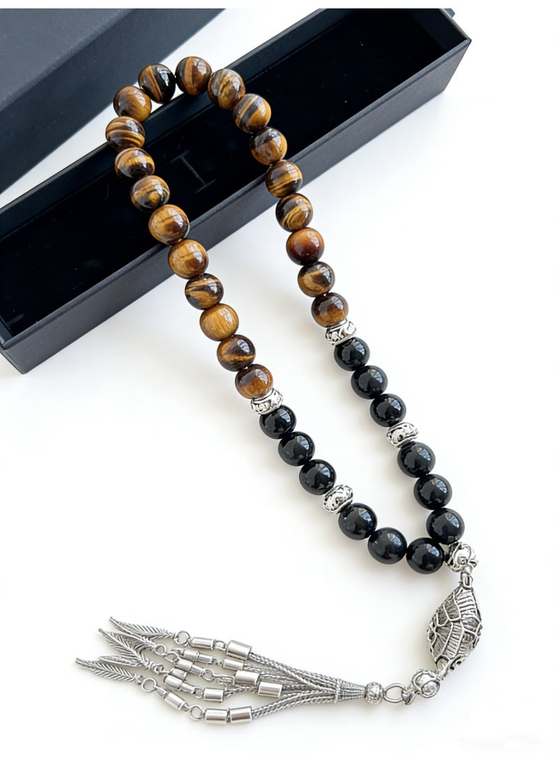 مسبحة من 33 حبة، عين النمر الطبيعية وحجر السج مع شرابات معدنية، مسبحة إسلامية مع صندوق هدايا - Image 1