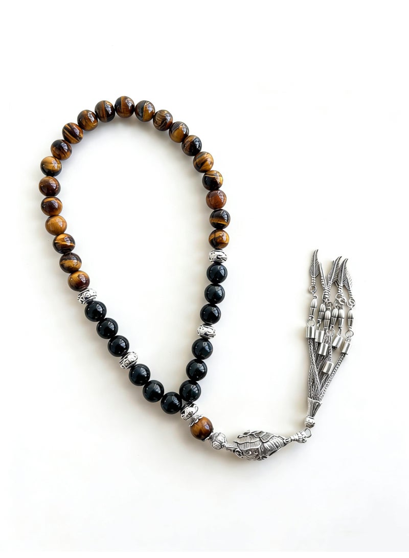 مسبحة من 33 حبة، عين النمر الطبيعية وحجر السج مع شرابات معدنية، مسبحة إسلامية مع صندوق هدايا - Image 5