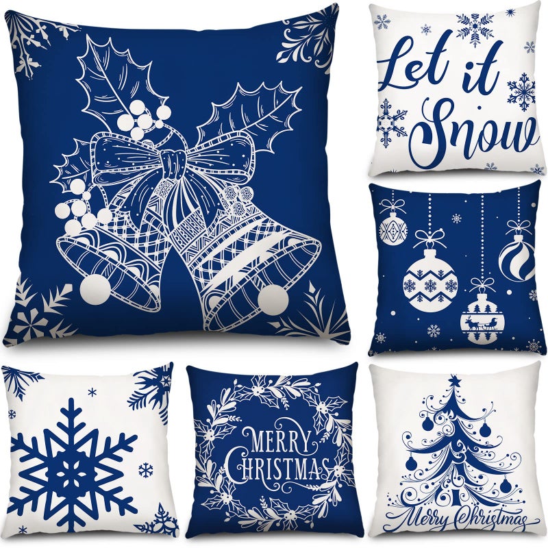 Tatuo 6 Pcs Christmas Pillow Covers Cushion Covers Decoration Christmas Pillow Cover Holiday Decor Throw Pillow Case for Sofa Couch Christmas Office Bedroom Decorations (Blue Style  18 x 18 Inch) - Image 1