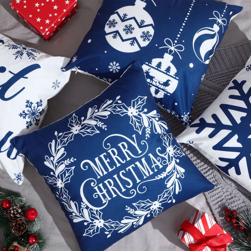 Tatuo 6 Pcs Christmas Pillow Covers Cushion Covers Decoration Christmas Pillow Cover Holiday Decor Throw Pillow Case for Sofa Couch Christmas Office Bedroom Decorations (Blue Style  18 x 18 Inch) - Image 4