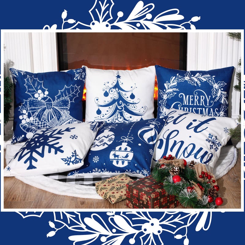 Tatuo 6 Pcs Christmas Pillow Covers Cushion Covers Decoration Christmas Pillow Cover Holiday Decor Throw Pillow Case for Sofa Couch Christmas Office Bedroom Decorations (Blue Style  18 x 18 Inch) - Image 2