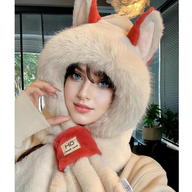Cute Cat Ear Knit Beanie Women Autumn Winter Fashion Warm 1256 beige two-piece "red ears]