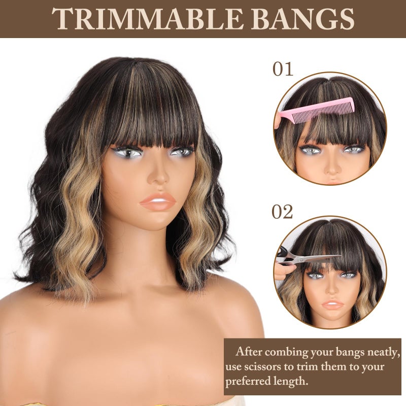 MISSQUEEN Black Blonde Wig with Bangs Short Highlights Curly Wig Heat Resistant Synthetic Fibre Wigs for Women Girls Daily Party Holiday Festival Chrismas Used - Image 4