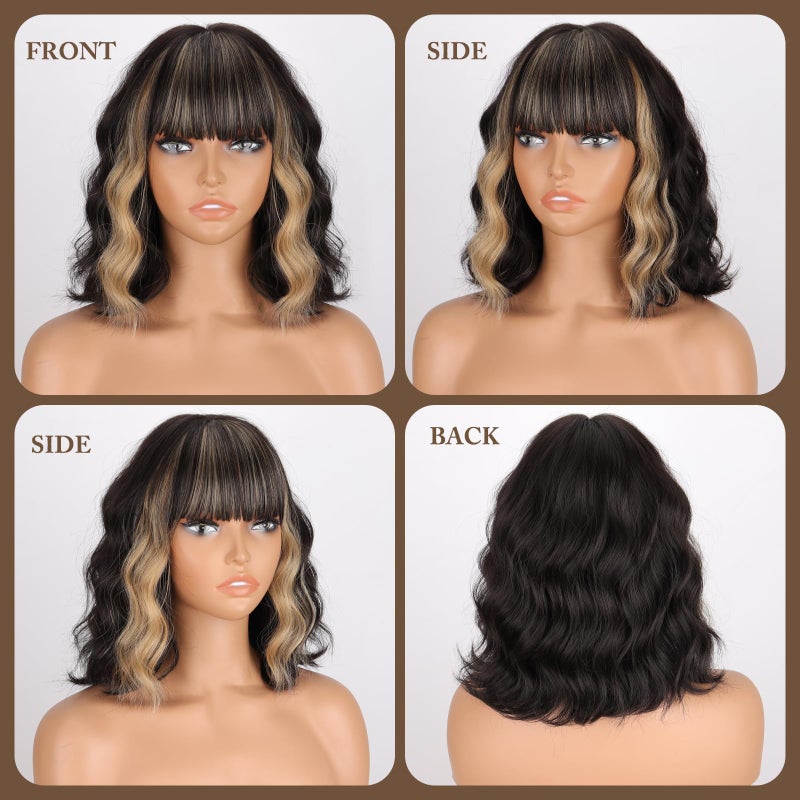 MISSQUEEN Black Blonde Wig with Bangs Short Highlights Curly Wig Heat Resistant Synthetic Fibre Wigs for Women Girls Daily Party Holiday Festival Chrismas Used - Image 3