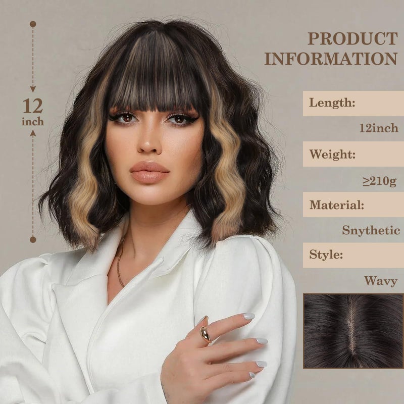 MISSQUEEN Black Blonde Wig with Bangs Short Highlights Curly Wig Heat Resistant Synthetic Fibre Wigs for Women Girls Daily Party Holiday Festival Chrismas Used - Image 2