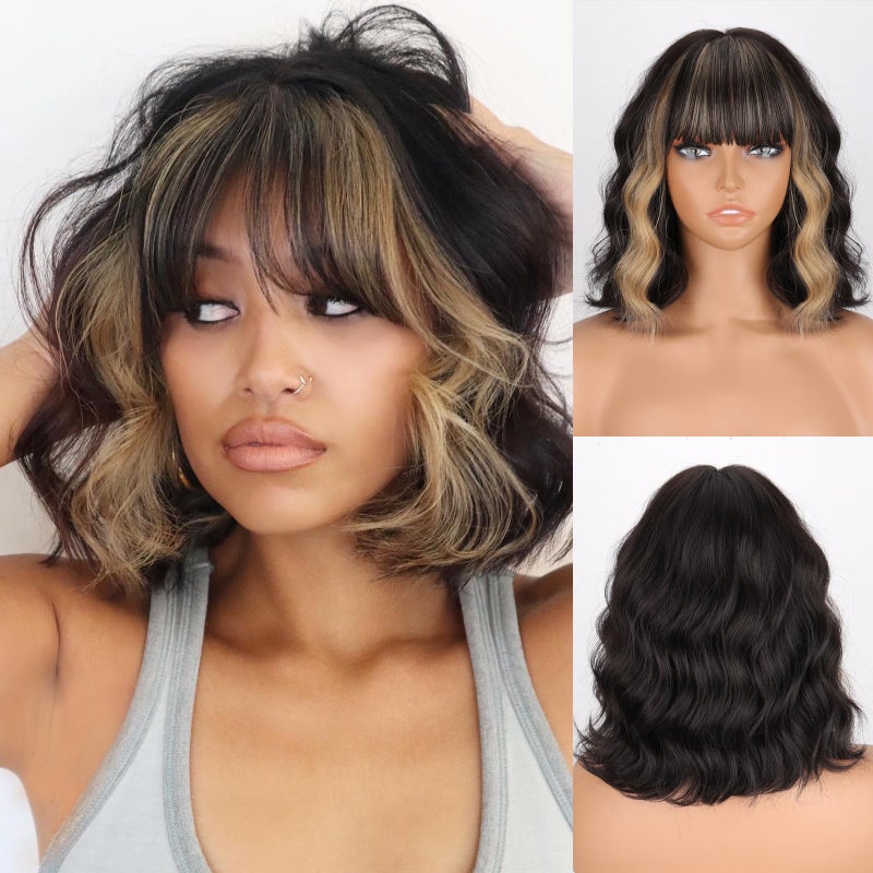 MISSQUEEN Black Blonde Wig with Bangs Short Highlights Curly Wig Heat Resistant Synthetic Fibre Wigs for Women Girls Daily Party Holiday Festival Chrismas Used - Image 1