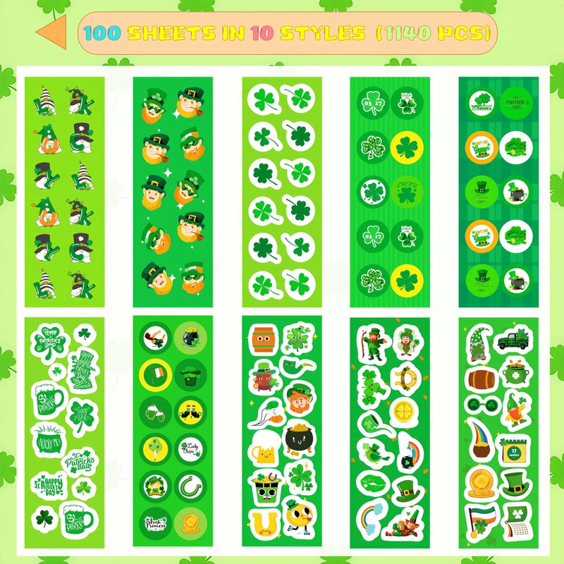 UDTAATO 100 Sheets St Patricks Day Shamrock Stickers,1140pcs St Patricks Day Decorations Accessories for Kids Party Favors Labels Cards Envelopes - Image 2