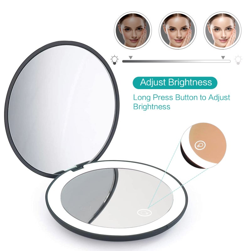 wobsion wobsion Rechargeable Compact Mirror 1x/10x Magnification Compact Mirror with Light Dimmable Led Travel Makeup Mirror Portable Mirror for Handbag Purse Handheld 2-Sided Mirror Gifts for Girls Black - Image 3