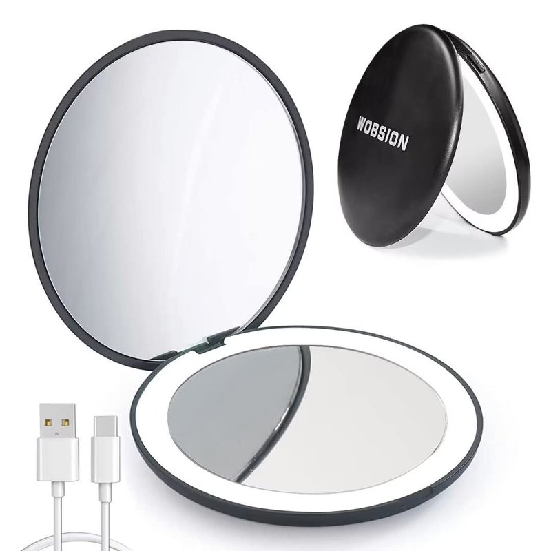 wobsion wobsion Rechargeable Compact Mirror 1x/10x Magnification Compact Mirror with Light Dimmable Led Travel Makeup Mirror Portable Mirror for Handbag Purse Handheld 2-Sided Mirror Gifts for Girls Black - Image 1