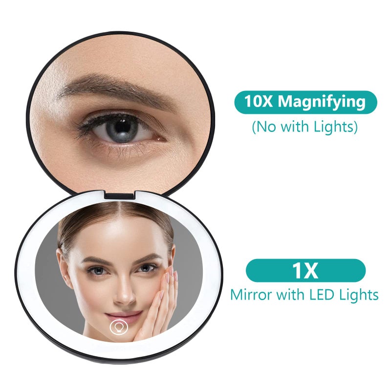 wobsion wobsion Rechargeable Compact Mirror 1x/10x Magnification Compact Mirror with Light Dimmable Led Travel Makeup Mirror Portable Mirror for Handbag Purse Handheld 2-Sided Mirror Gifts for Girls Black - Image 2