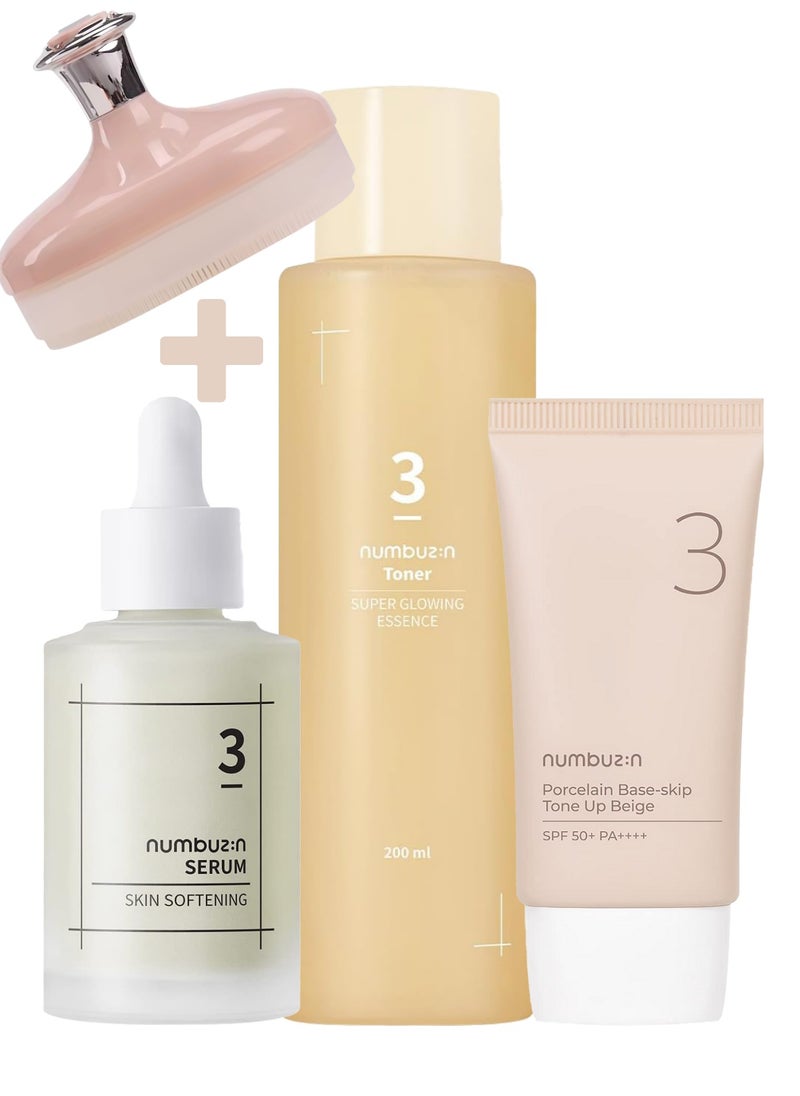 numbuzin Daily Essentials Skincare Routine - No.3 Super Glowing Essence Toner, No.3 Skin Softening Serum, No.3 Porcelain Base-skip Tone Up Beige  - Image 1