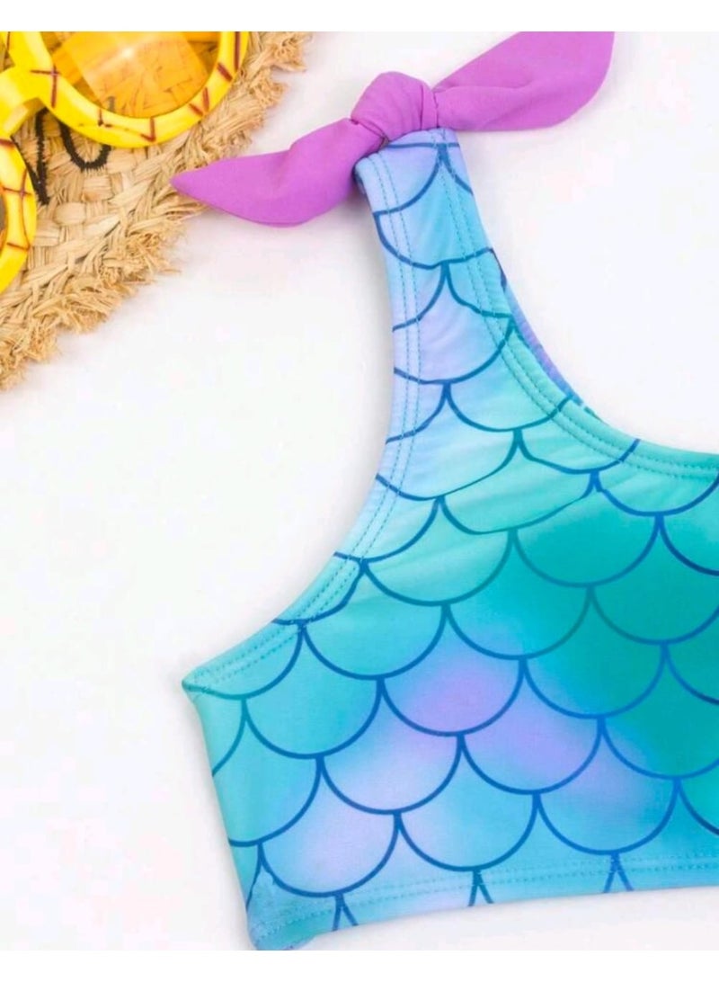 شي إن طقم بيكيني حورية البحر من قطعتين من SHEIN للفتيات الصغيرات، بتصميم حراشف السمك بألوان متداخلة، ملابس سباحة عصرية - Image 2