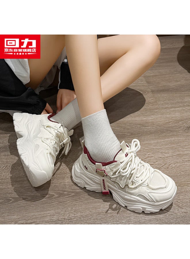 Huili Women's Warm Dad Shoes, New Winter Style, Fleece-lined Thick Sneakers For Women, Wine Red, Size 39