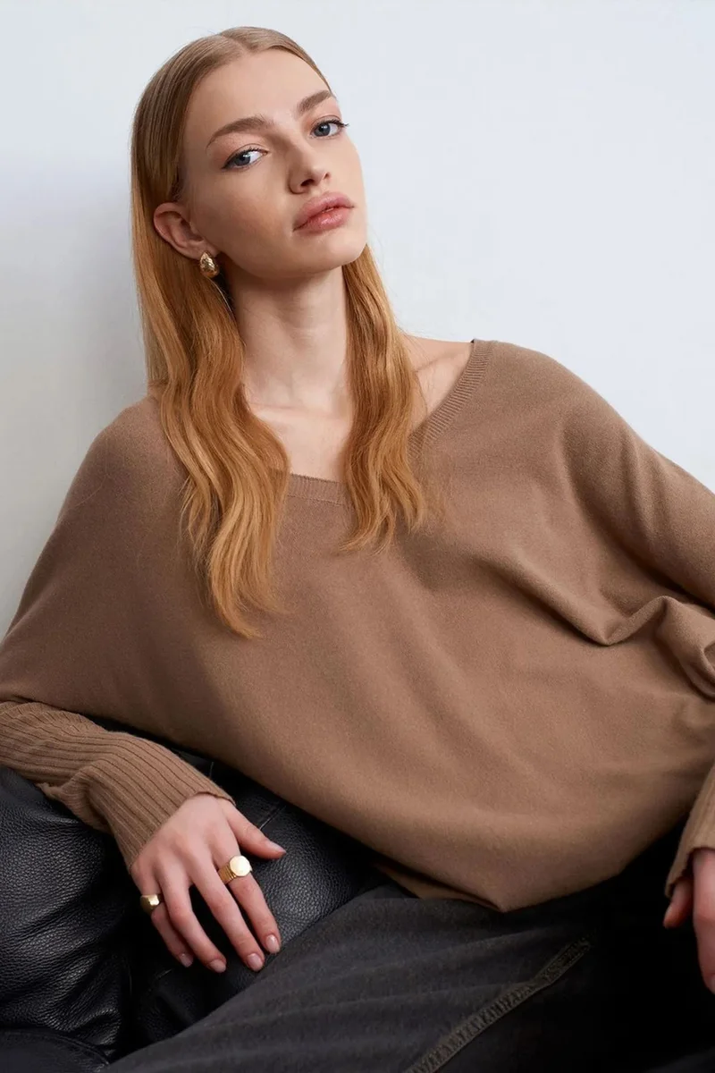 Dilvin Camel Brown DILVIN Women's V-neck Ribbed Knit Sweater for Women | Best Price UAE