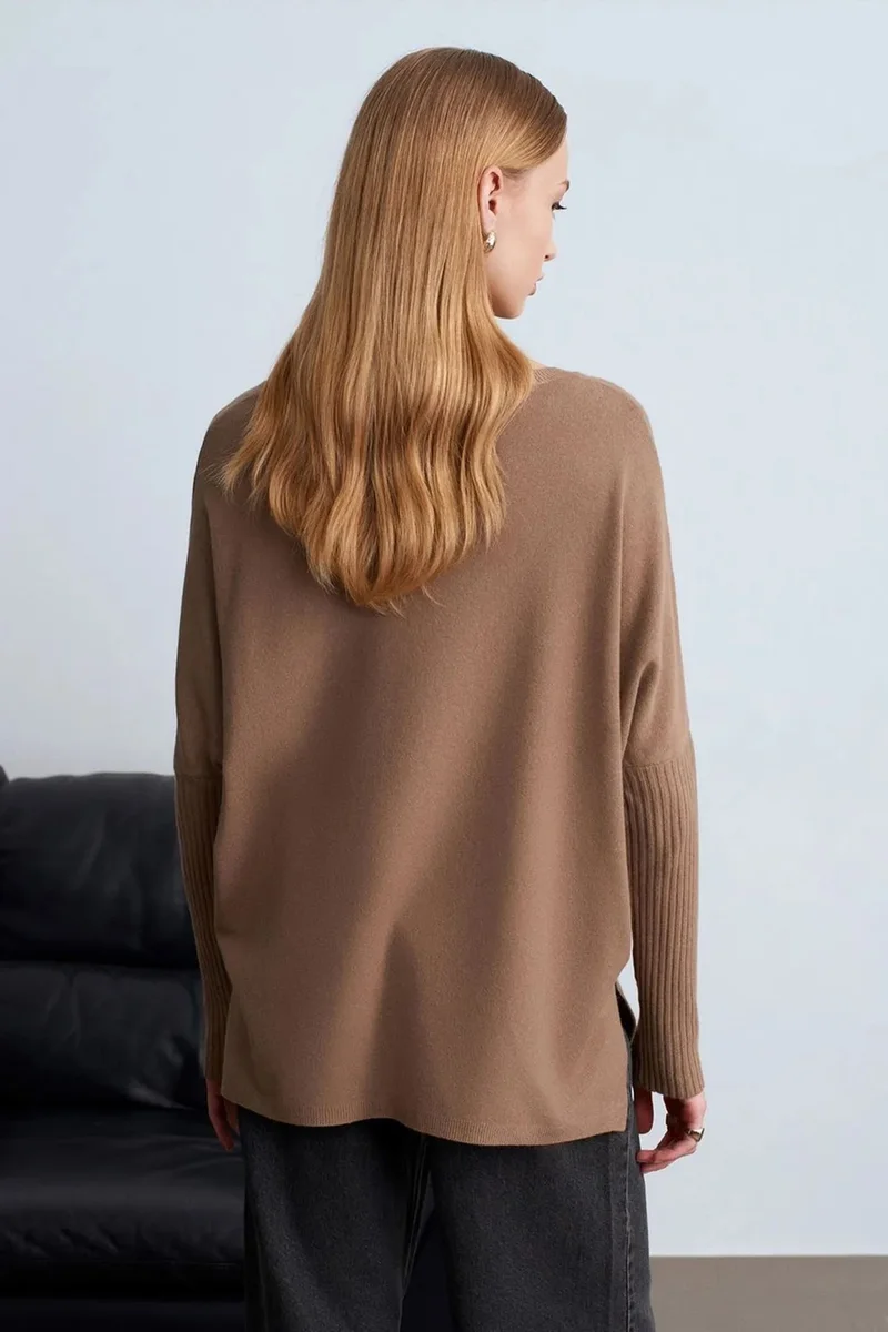 Dilvin Camel Brown DILVIN Women's V-neck Ribbed Knit Sweater for Women | Best Price UAE