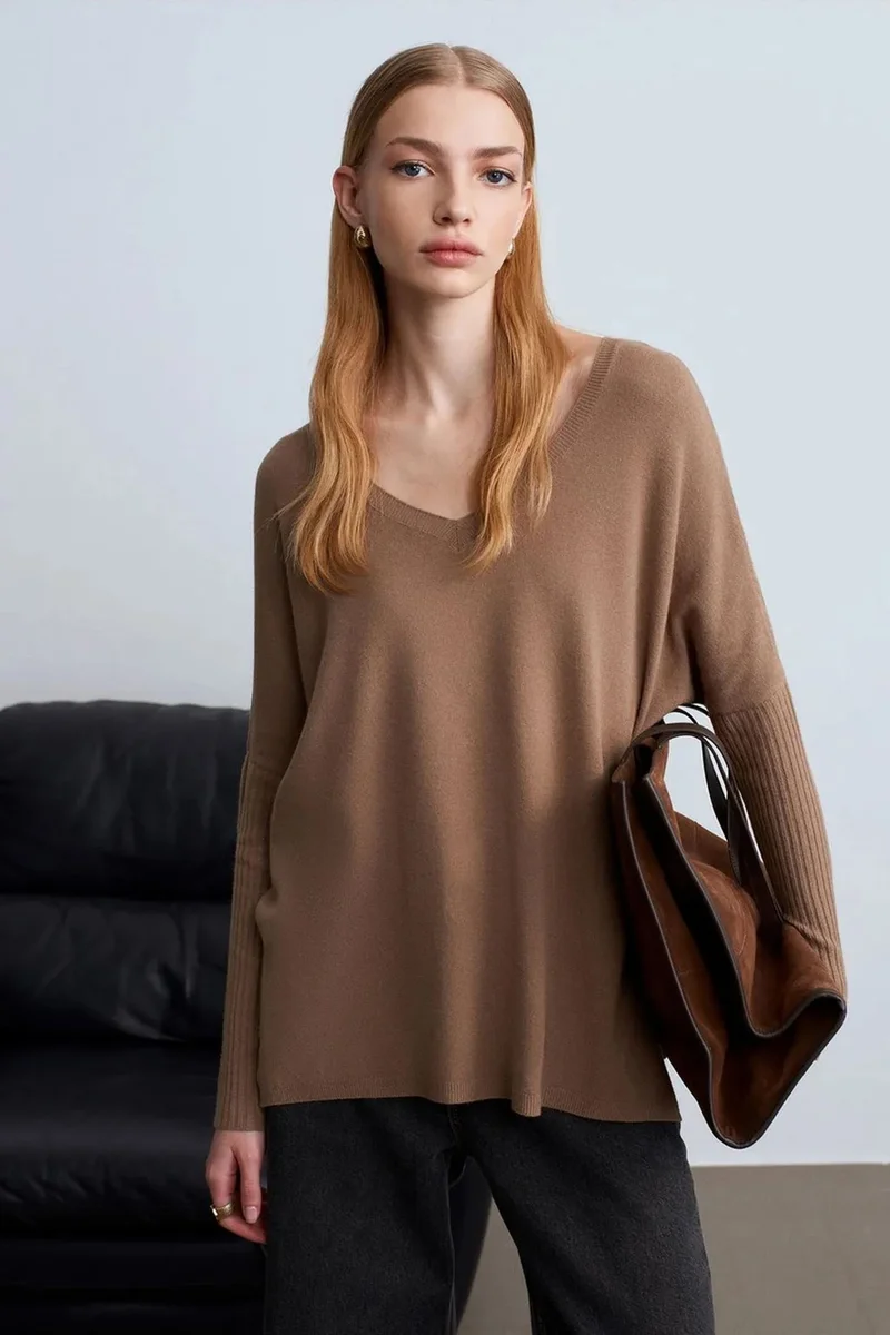 DILVIN Women's V-neck Ribbed Knit Sweater