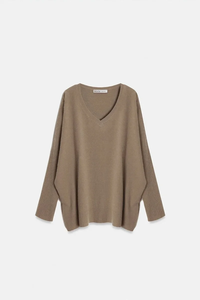 Dilvin Camel Brown DILVIN Women's V-neck Ribbed Knit Sweater for Women | Best Price UAE