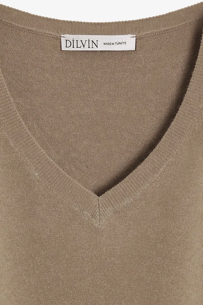 Dilvin Camel Brown DILVIN Women's V-neck Ribbed Knit Sweater for Women | Best Price UAE
