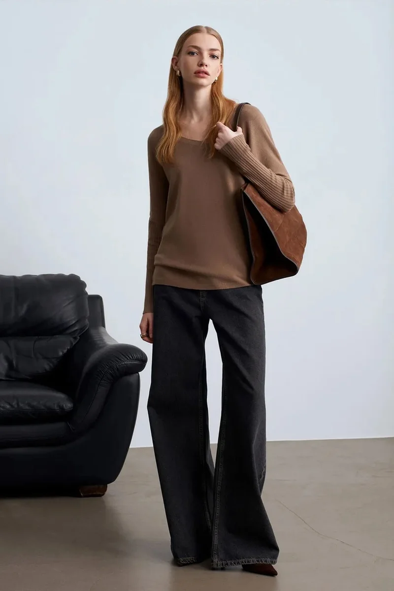 Dilvin Camel Brown DILVIN Women's V-neck Ribbed Knit Sweater for Women | Best Price UAE
