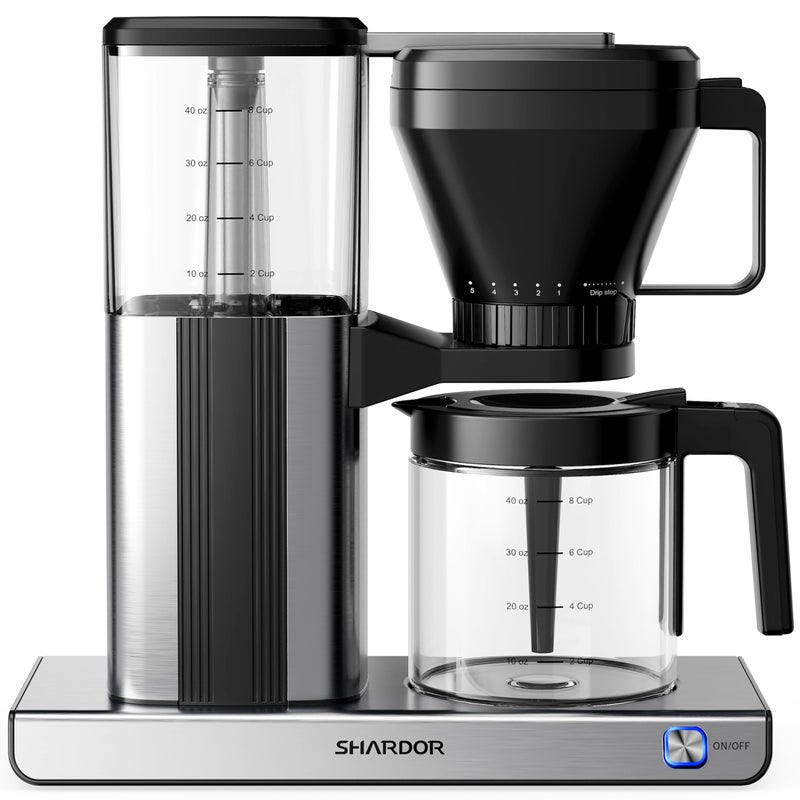 SHARDOR صانعة القهوة SHARDOR بسعة 8 أكواب مع فلتر قابل لإعادة الاستخدام وإبريق قهوة زجاجي، أسود وفضي - Image 1
