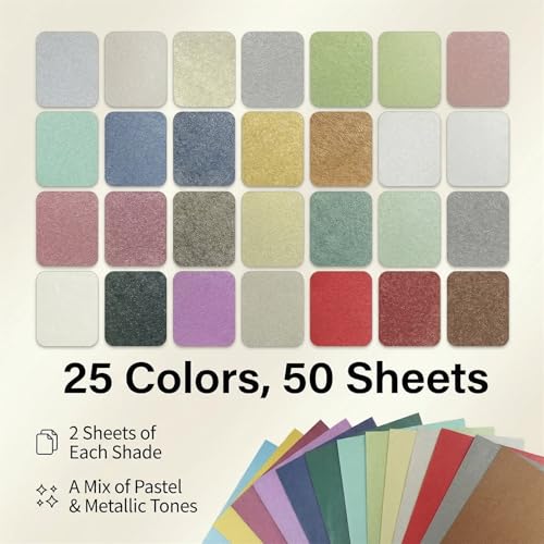 Yalofey A5 Pearlescent Cardstock Paper Pack, 50 Sheets in 25 Colors, Double Sided Textured 250 GSM Cardstock, Pastel and Metallic Craft Paper for Card Making, Scrapbooking, Invitations and Paper Crafts - Image 3