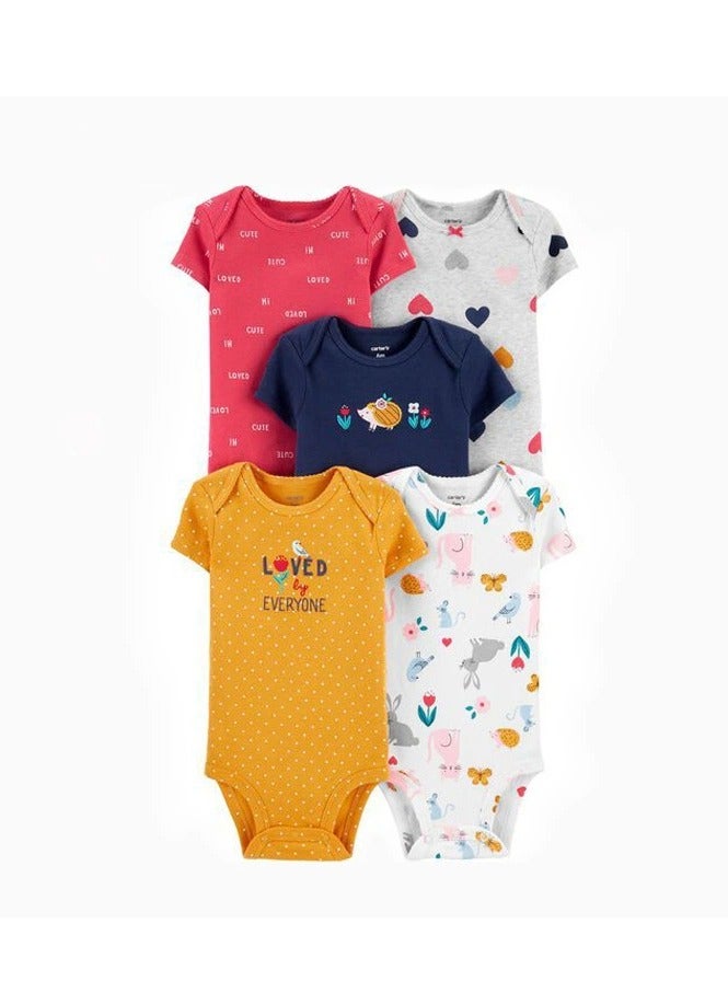 5 Piece Baby Boys Girls Bodysuit Set Soft Breathable Summer Baby Bodysuit Half Sleeve Onesie Pajama Set