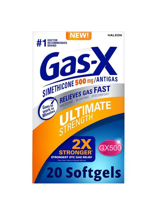 Gas-X Ultimate Strength Gas Relief Softgels with Simethicone 500 mg, Fast Bloating Relief, Anti-Gas, OTC Stomach & Intestinal Gas, Easy to Swallow, 20 Count - Image 1