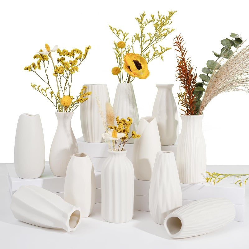 ASHELYULLA Ceramic Bud Vases, Set of 12 White Vases for Centerpieces Small Vase for Flowers Mini Ceramic Vases for Pampas Grass VAse Bulk for Wedding Table Centerpieces Decoration Boho Home Decor DIY Gift - Image 1