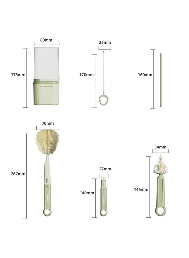 إيفن مجموعة فرشاة تنظيف زجاجات الأطفال المحمولة EVEN 6 في 1، شعيرات سيليكون، لون أخضر، زجاجة، حلمة، ماصة، عمود تجفيف، صندوق تخزين - Image 2