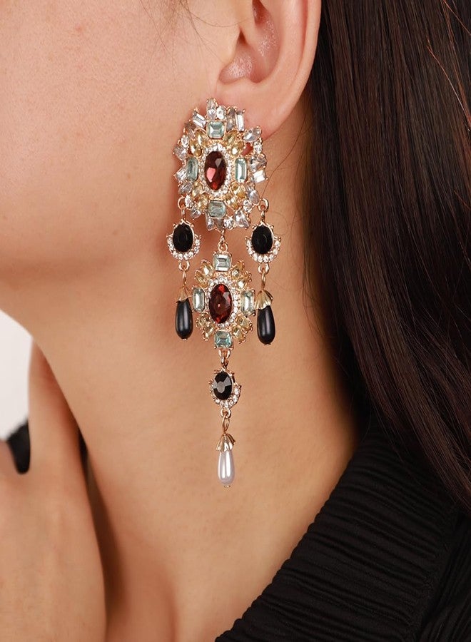 fxmimior Boho Fashion Punk Gothic Black Tassels Earrings Rhinestone Retro Pearls Statement Halloween Earrings Dangling Earrings Chandelier Long Drop Earrings for Women - Image 2