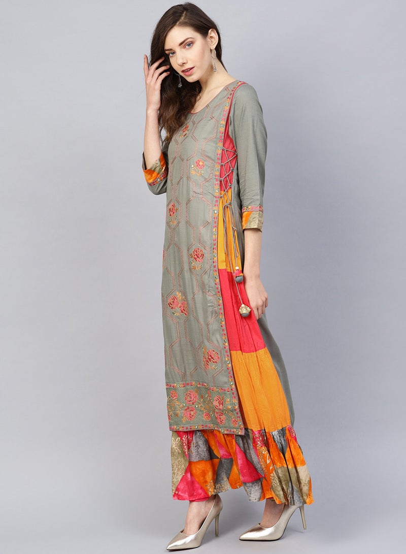 ISHIN Women'S Grey 100% Cotton Self Design A-Line Kurta - Image 3