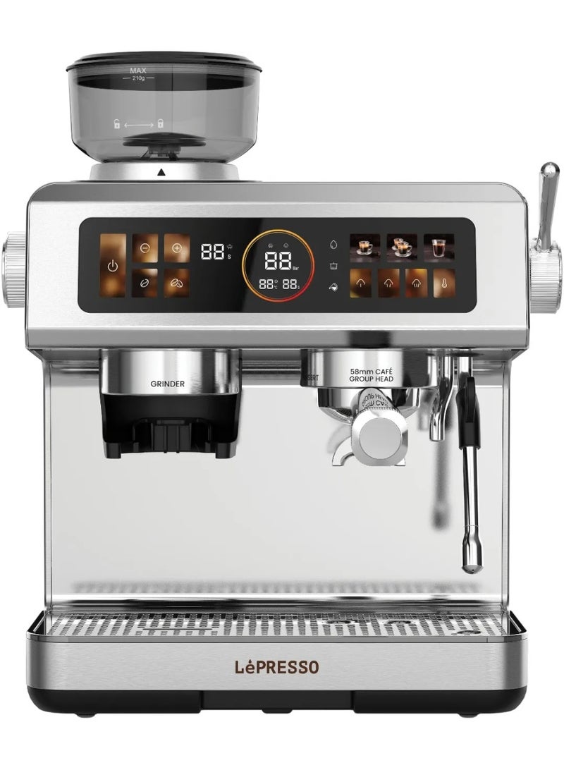 LePRESSO Semi Automatic Coffee Machine with Touch Control Panel & Adjustable Grind Setting /Coffee Maker 58 mm Portafilter / Powerful Dual Boiler / Multiple Brewing Options / Digital Pressure Gauge / PID Control / 20 Bar - Silver - Image 1