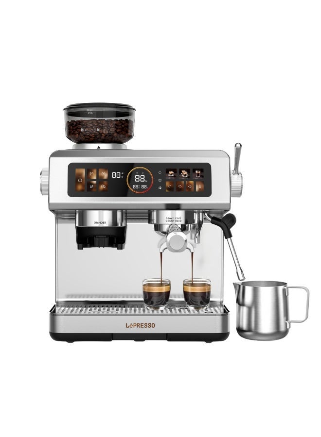 LePRESSO Semi-Automatic Coffee Machine with Milk Frother, Dual Boiler Espresso Maker, Bean to Cup Espresso Machine, Touch Panel,Coffee Maker with 20Bar Pump, Cappuccino Maker, Latte & Macchiato - Silver - Image 1