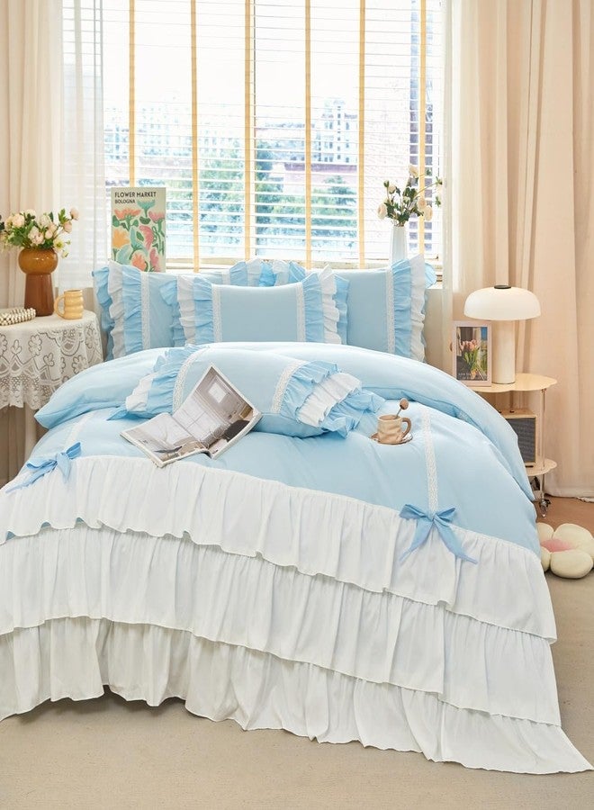 UGEYAO Ruffle Duvet Cover Twin Size, Girl Bow Bedding, Shabby Chic French Country Style for Bed Decor, 2PCS - 1 Twin Duvet Cover 66x90 Inch and 1 Pillowcase, Coquette Princess - Blue and White - Image 2