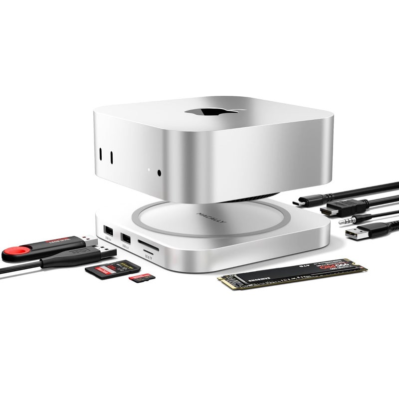 Macally Mac mini M4 Dock and Stand, Mac mini M4 Hub with M.2 NVMe Enclosure, 4K HDMI 60hz, 3 USB A,10Gbps USB C Data Port, SD Card Reader, 3.5mm Audio Jack - Image 1
