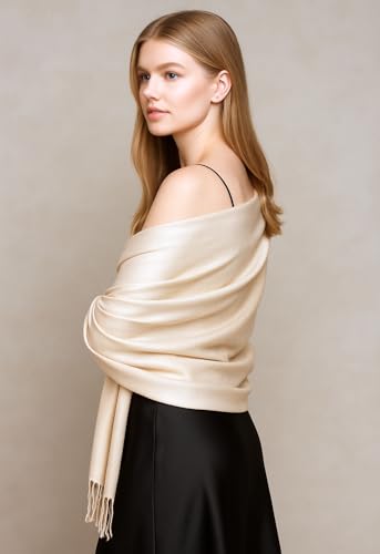 Achillea Soft Silky Pashmina Scarf for Women – Shawl Wrap for Evening Dresses, Bridesmaids, Weddings & Everyday Wear (Cream/Beige) - Image 2