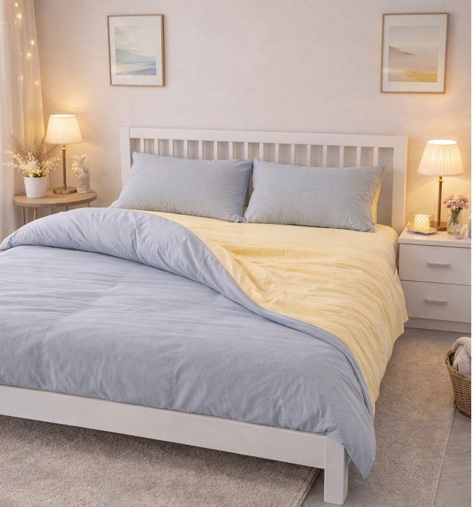 100% COTTON DUVET COVER SET, 4-PIECE KING SIZE (NO FILLING INCLUDED), OEKO-TEX CERTIFIED, REVERSIBLE BEDDING, 1 DUVET COVER 200240CM, 1 FITTED SHEET, 2 PILLOWCASES (CREAM & BLUE)