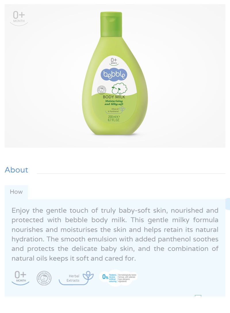 bebble Baby Body Milk | Nourishes Moisturizes Hydrates Soothes Skin | 200ml - Image 3