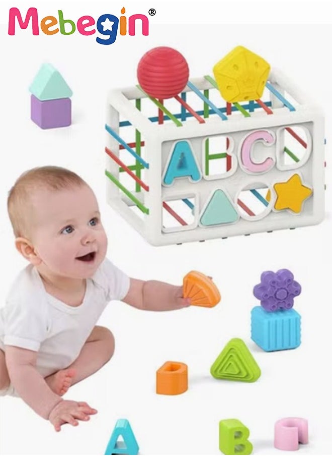 MEBEGIN - Baby Shape Sorting Toy with Elastic Bands, Sensory Shape Toys with Letter for Toddler, Tactile Perception Training Toys with 14PCS Colorful Multisensory Shapes, Multifunctional Developmental Baby Toy, Ideal Toy for Babies on Birthday or Any Holidays - Image 1