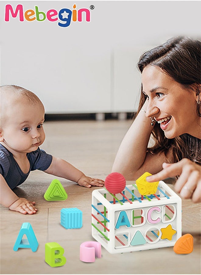 MEBEGIN - Baby Shape Sorting Toy with Elastic Bands, Sensory Shape Toys with Letter for Toddler, Tactile Perception Training Toys with 14PCS Colorful Multisensory Shapes, Multifunctional Developmental Baby Toy, Ideal Toy for Babies on Birthday or Any Holidays - Image 1