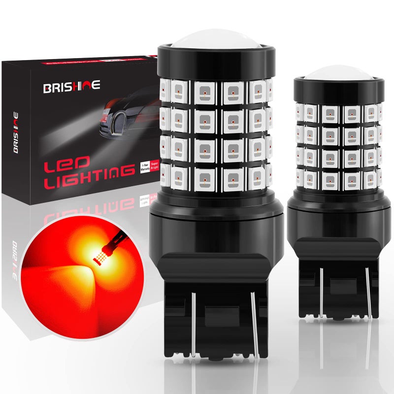 BRISHINE 7443 7440 W21W T20 LED Flashing Strobe Blinking Brake Light Bulbs, Super Bright 52-SMD Chipsets LED Bulbs with Projector for Brake Tail Stop Lights, Brilliant Pure Red(Pack of 2)