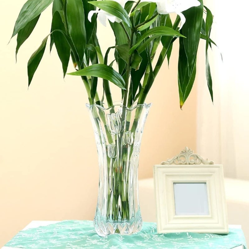 BRUSHFINCH Small Glass Vase Flower Vase with Tulips Pattern Relief DesignDecorative Vases for Home Office Dining Room Table Decor Clear Pack of 1