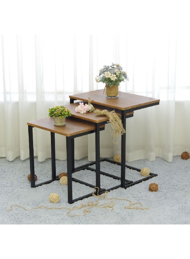 Micasa 3-Piece Metal Frame Wooden Square Nesting Table Set Brown And Black 5 Kg St28446 - Image 2