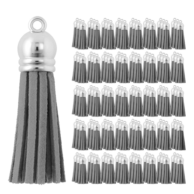 Mandala Crafts 100 Pcs Silver Cap Gray Faux Suede Tassels Bulk Keychain Making Supplies - Small Leather Tassels for Charms, Jewelry Making, and DIY Crafts - Image 1