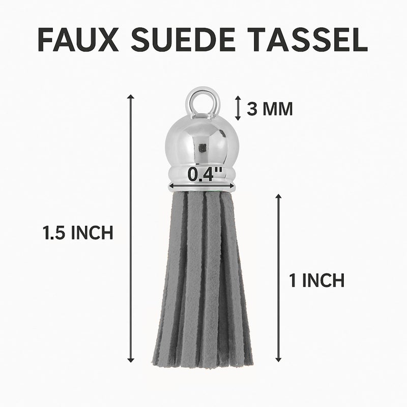 Mandala Crafts 100 Pcs Silver Cap Gray Faux Suede Tassels Bulk Keychain Making Supplies - Small Leather Tassels for Charms, Jewelry Making, and DIY Crafts - Image 3