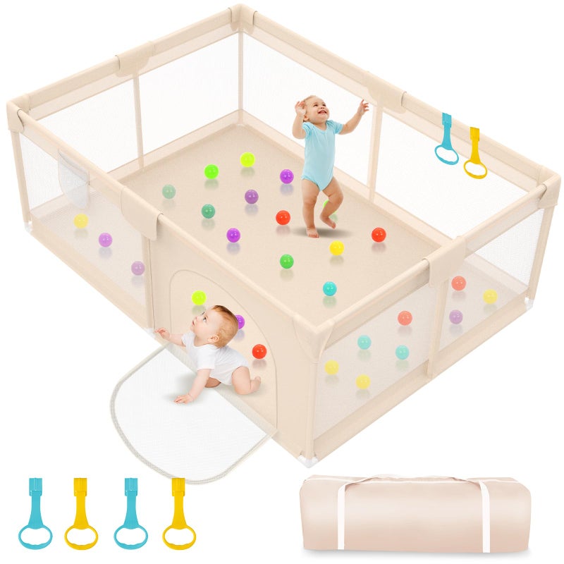 Abdtech Playpen for Babies and Toddlers 71x59inch - Extra Large Baby Gate Play Pen with Soft Breathable Mesh Cover - Indoor and Outdoor Baby Play Fence - Portable Playpen for Babies (Apricot) - Image 1
