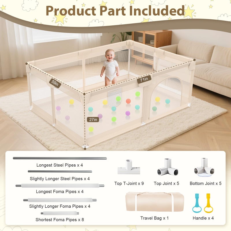 Abdtech Playpen for Babies and Toddlers 71x59inch - Extra Large Baby Gate Play Pen with Soft Breathable Mesh Cover - Indoor and Outdoor Baby Play Fence - Portable Playpen for Babies (Apricot) - Image 2