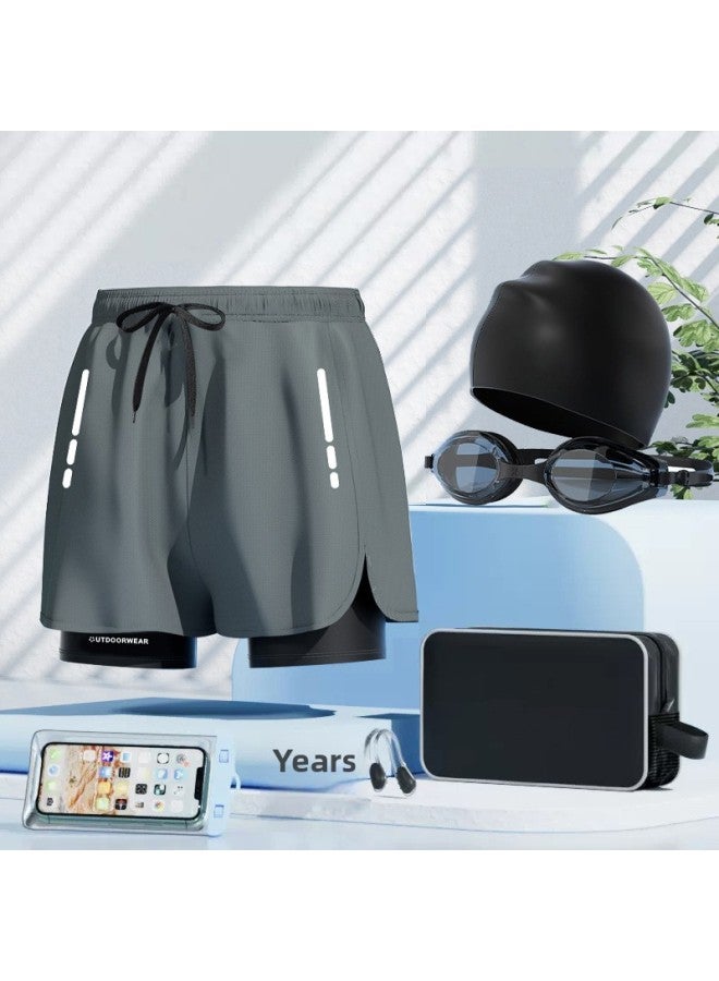 إسكدنيا Men's Swimming Trunks Men's Quick-dry Running Training Beach Sand European And American Women Double-layer Embarrassment Prevention-Color:gray Six-piece Set- - Image 1